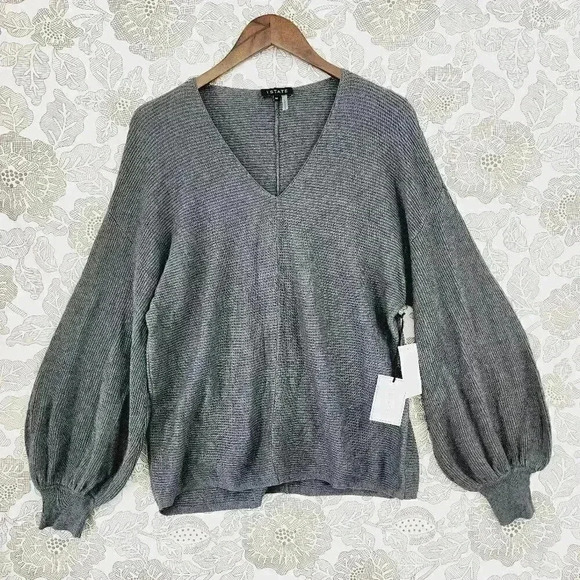 NWT 1. State V neck Balloon sleeve Knit Sweater Women's M Gray 9224 - Picture 1 of 8